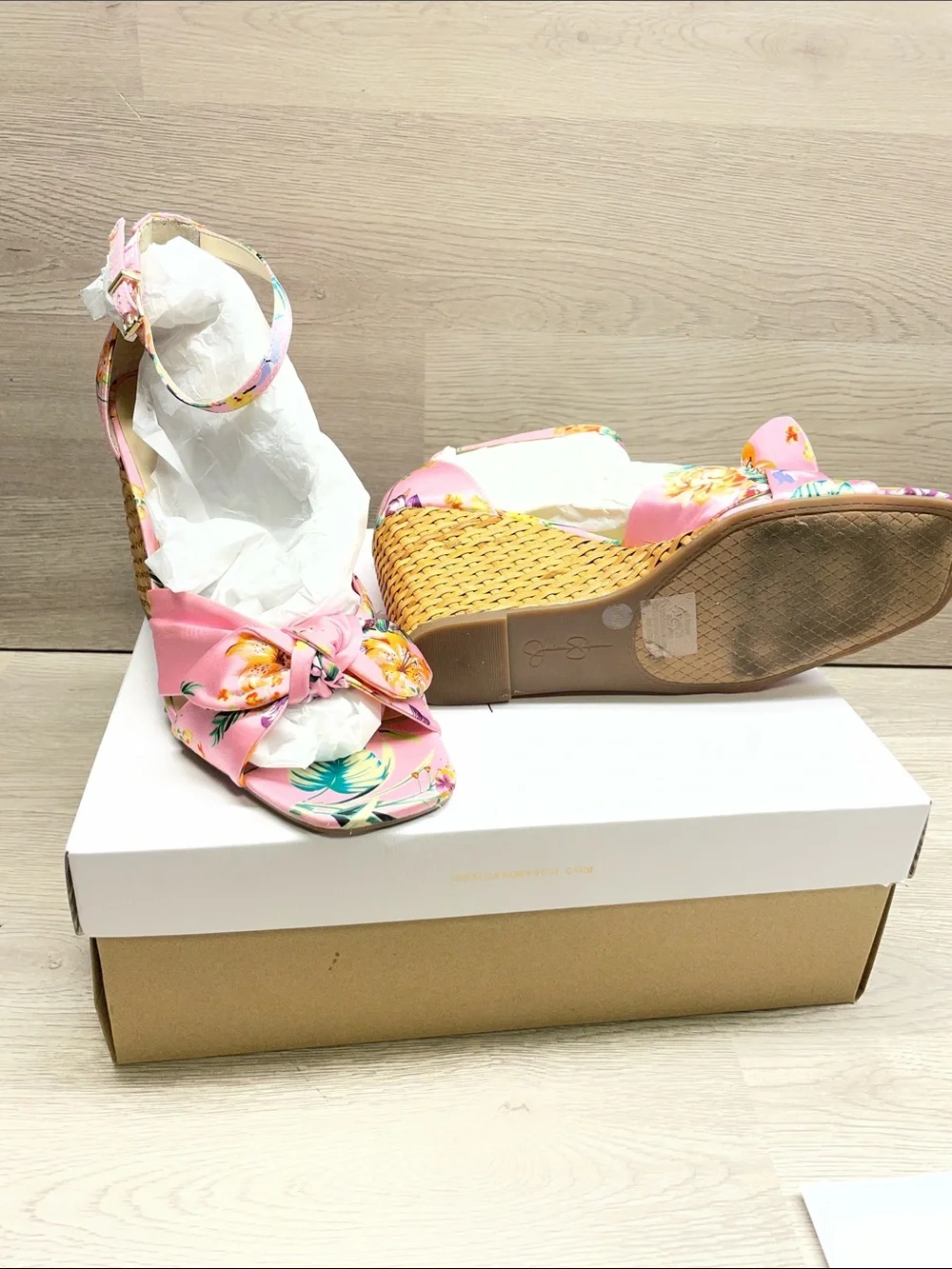 Jessica Simpson Pink Floral Knot Wedge Sandals with Ankle Strap #380